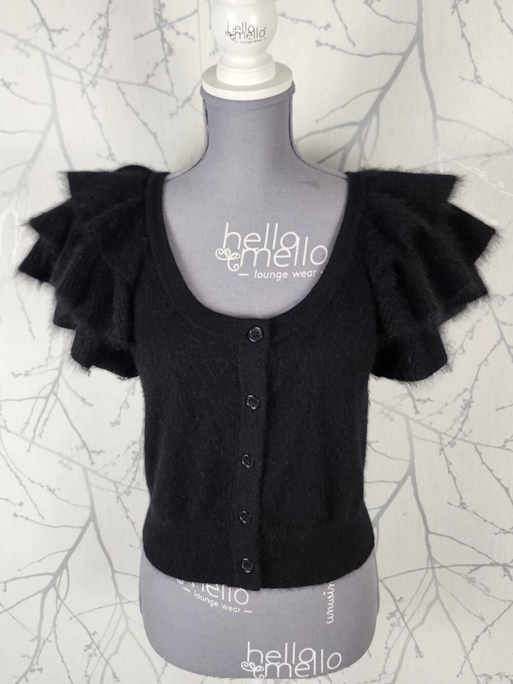 French Connection 70% Angora Fuzzy Ruffle Frill Cropped Cardigan